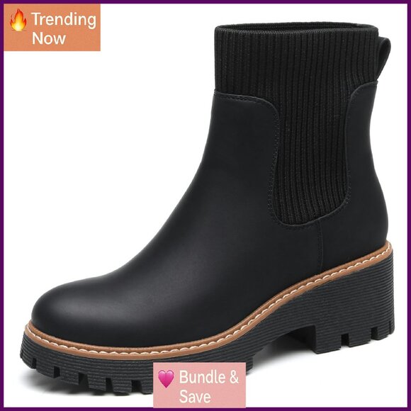 Platform Chelsea Boots Elastic Ankle Heel Lug Sole Chunky Booties - Picture 1 of 8